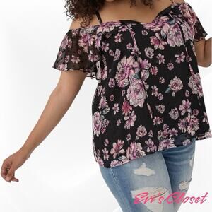 Torrid Navy Silver Pink Chiffon Plus Sz 3/ 22 Cold Shoulder Short Sleeve Top